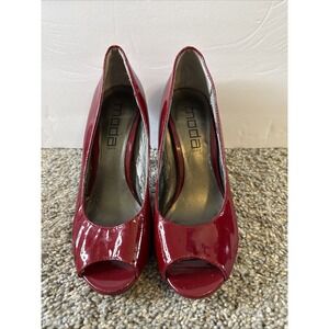 Moda Spana Women's Peep Toe Pumps Red Patent Leather Cone Heel Size 5.5‎